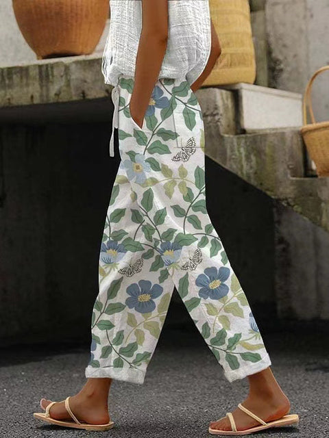 Women's pocket casual printing elastic waist trousers straight-leg trousers m301372
