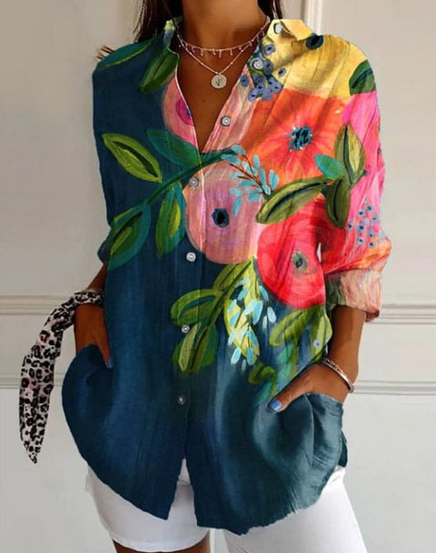 3D digital printing abstract pattern women's long-sleeved buckle linen shirt m302749-03