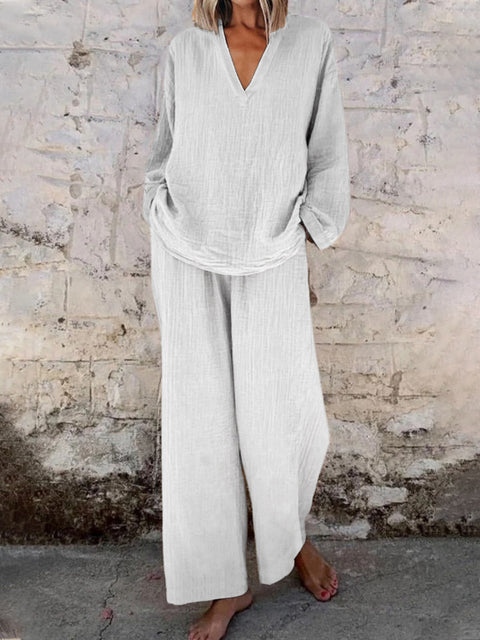 Casual V-neck pullover long sleeve plus pocket trousers cotton multi-color women's suit m301441
