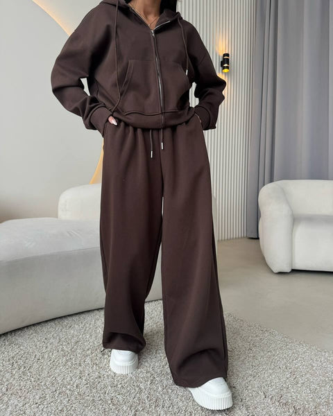 Long Sleeve Zipper Cardigan Hooded Sweater Lace-Up Pants Two-piece Cotton M301805