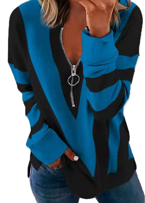 Women's V-neck Zipper Personality Floral Print Long Sleeve Pullover M300196