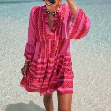 Robe imprimée ample col V en mousseline de soie jupe courte plissée m300054 
