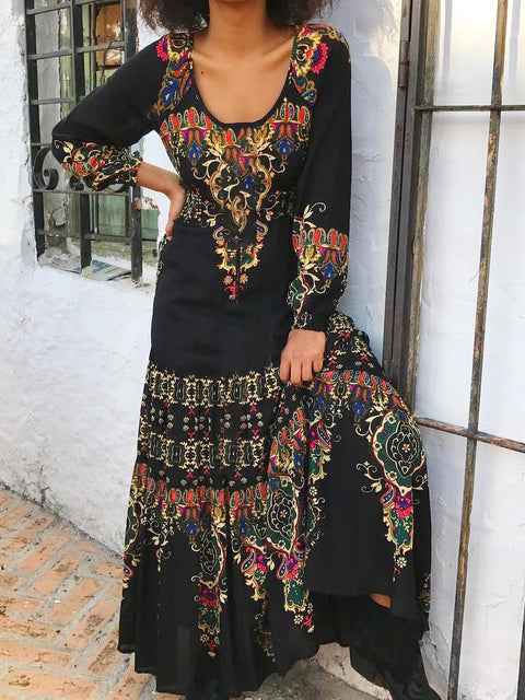 Temperament elegantes Langarmkleid Herbstdruck U-Ausschnitt Strandurlaubsstil langes Kleid m300927 