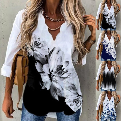 Chemise à col cannelé imprimée à manches longues pour femme M300215 