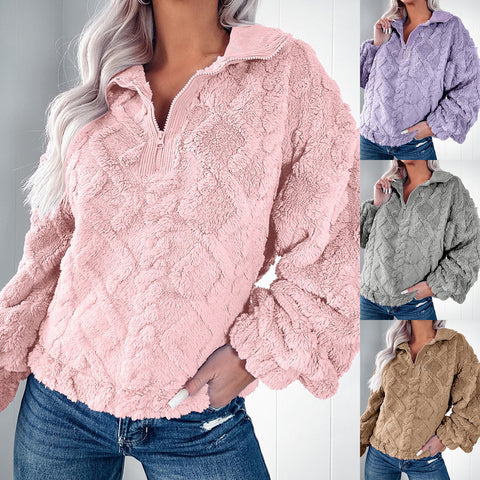 Simple solid color half zipper stand-up collar loose plush pullover m300436