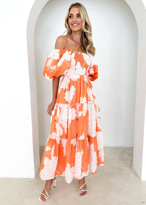 Elegantes, schulterfreies Kleid mit Puffärmeln und Blumenmuster M300289 