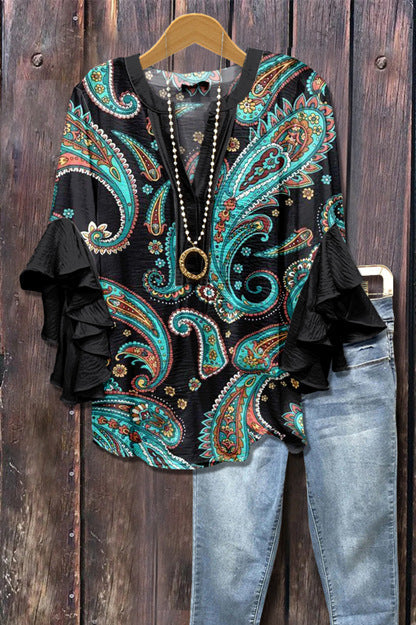Digital printing casual trend V-neck lotus edge T-shirt women's m302725-2