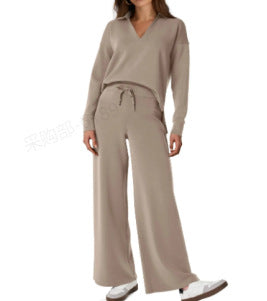 Fashion casual women's long-sleeved drawstring solid color commuter trousers suit women's m300942