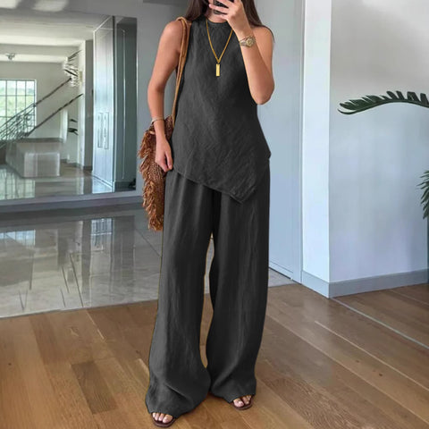 Casual round neck pullover sleeveless plus pocket trousers cotton multi-color m301437