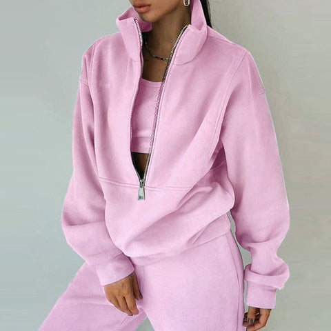 Casual sports home loose and comfortable zipper fleece knitted sweater sweatpants two-piece women's clothing m301654