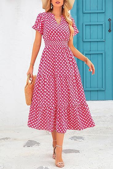 Robe plissée à col en V et manches courtes imprimée m300104 