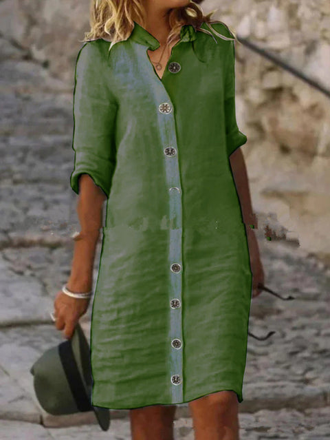 Hemdkragen, Halbarm, große runde Schnalle, Kleid aus Baumwolle und Leinen, M300218 