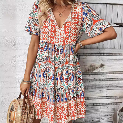 Neues Kleid mit V-Ausschnitt, modischer, lockerer Rock mit Bohème-Print, m300994 