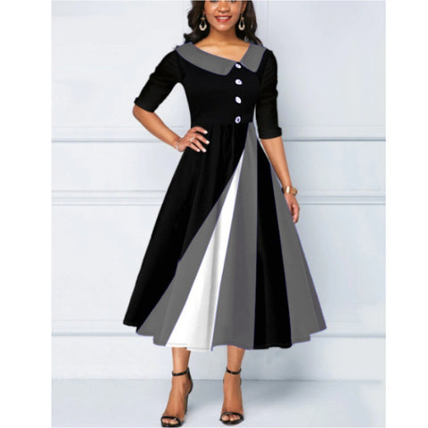 Langes Kleid mit 3D-gedrucktem Pendel und Fünfviertelärmeln und Knopfverzierung, m300864 