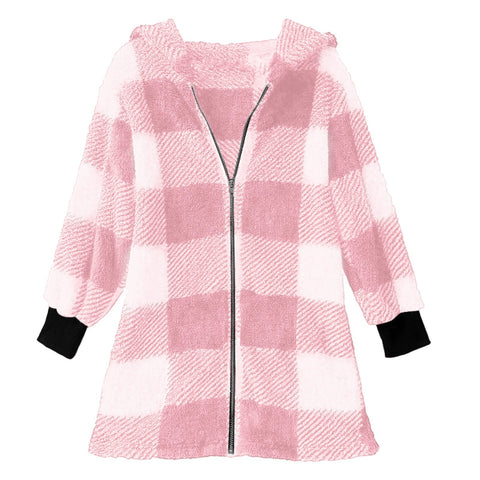 Long Sleeve Plaid Hooded Zipper Pocket Loose Jacket m302168