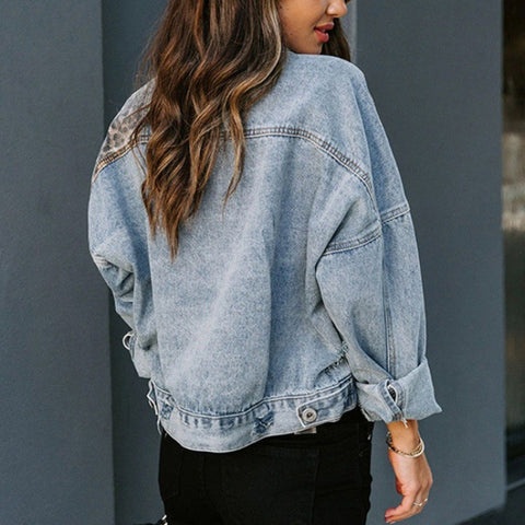 Veste en jean femme manches longues, veste en jean femme imprimé léopard épissage m300582 