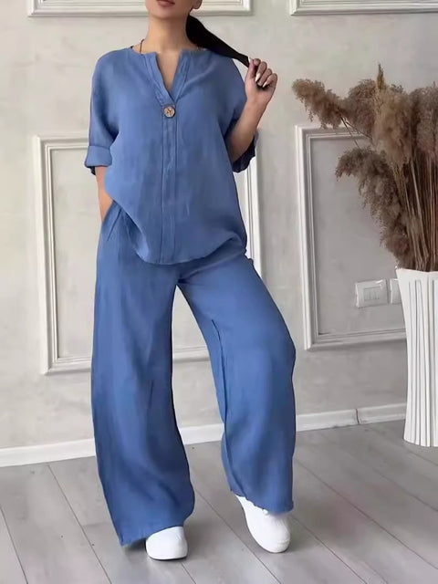 Women's comfortable loose top wide-leg pants casual cotton and linen suit m302154