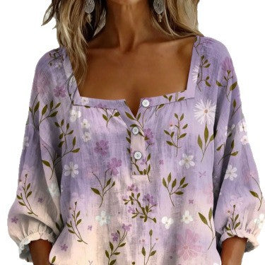 Floral print 3-button elegant wide neck top m302847