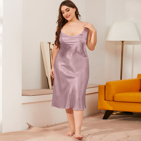 Chemise de nuit en soie glacée pour femme, tenue d'été une pièce, col pivotant, bretelles, ample, m301494 