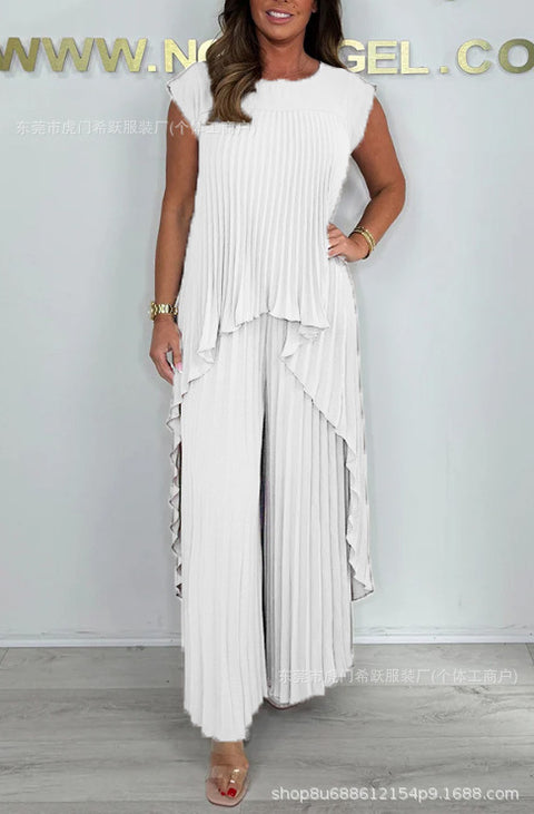 Crew neck solid color sleeve top pleated straight pants set two-piece set m301509