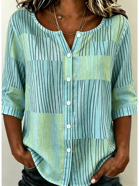 Women's Top Printed Casual Short Sleeve Collarless Shirt m303047