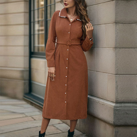 Women's Autumn/Winter Collared Patchwork Lace Long-Sleeved Corduroy Dress m300784