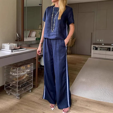 Crew neck pullover new trousers cotton and linen multi-color women's suit m302722