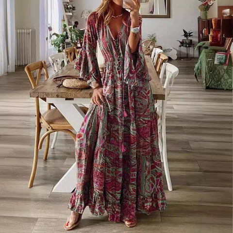 Bohemian Urlaubskleid mit ausgestellten Ärmeln, V-Ausschnitt und hoher Taille, bedruckt, m300709 