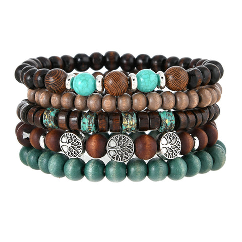 Retro-Wind-Zinklegierung-Lebensbaum, handgewebte Holzperlen, mehrschichtiges fünfteiliges Armband m3331272 