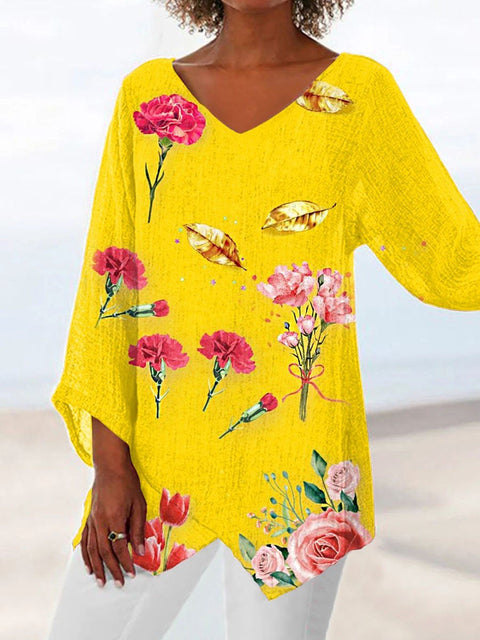 Damen-T-Shirt mit V-Ausschnitt und neunviertellangen Ärmeln und Tiermotiven, lockeres Motiv, m301289 