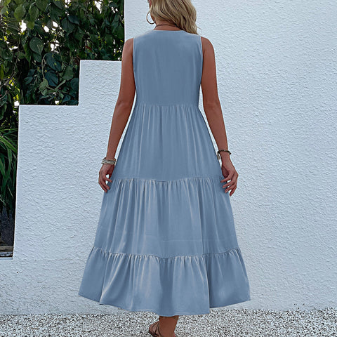 Sommer beliebte ärmellose Faltenrock lose V-Ausschnitt mittel und langes Kleid m300851 