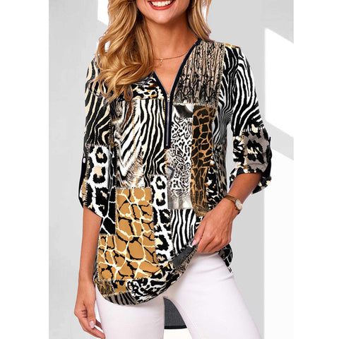 Chemise ample à manches longues et col en V pour femme, grande taille, fermeture éclair, manches retroussables, M300207 