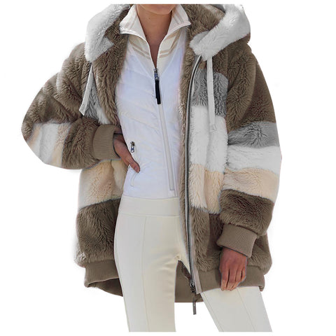 Warm plush patchwork zipper pocket hooded loose coat women m300611