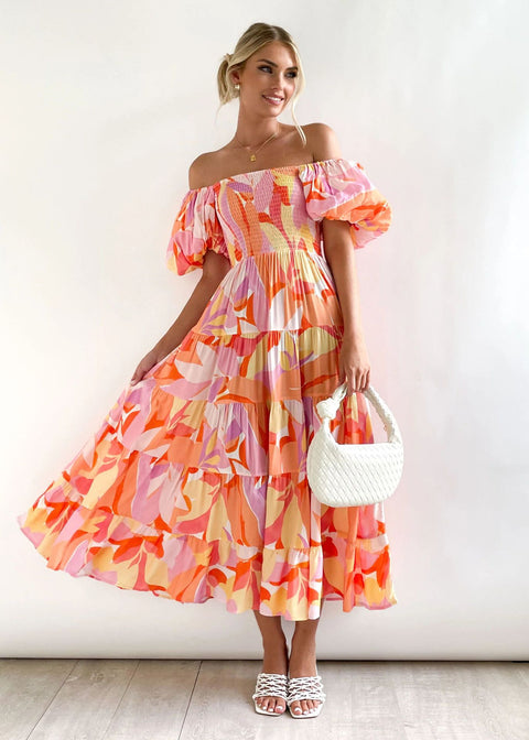 Robe longue imprimée à manches bouffantes et épaules dénudées pour femme M300282 