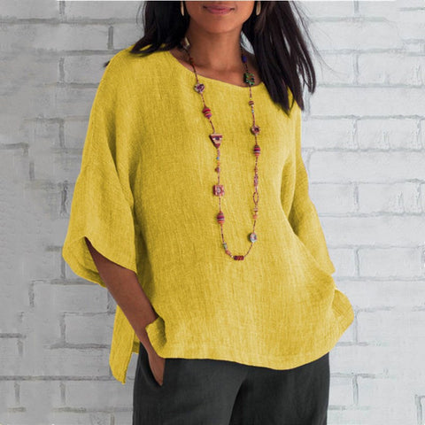 Haut chemise en coton et lin à manches fendues et col rond m300053 