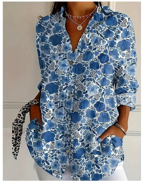 3D digital printing abstract pattern women's long-sleeved buckle linen shirt m302749-03