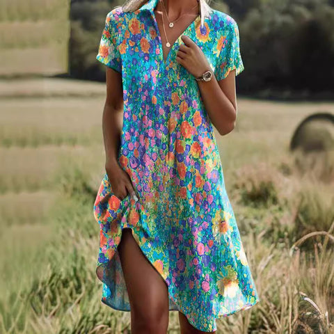 Langes Kleid mit Rundhalsausschnitt und kurzen Ärmeln, Bohemian-Print, m300908 