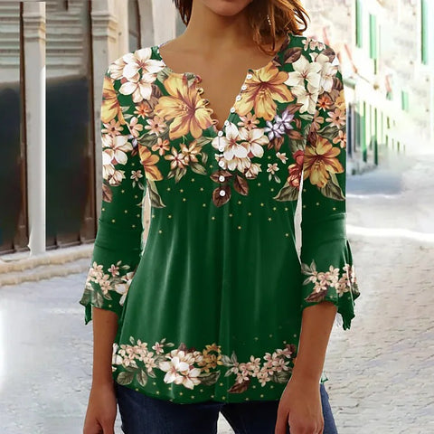 Modisches Ruili T-Shirt mit Blumendruck und V-Ausschnitt und Dreiviertelärmeln m300035