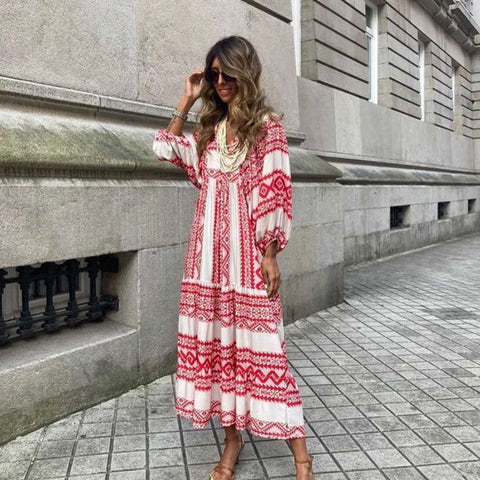 Robe à manches bouffantes à imprimé géométrique, jupe de rue frite m300902 
