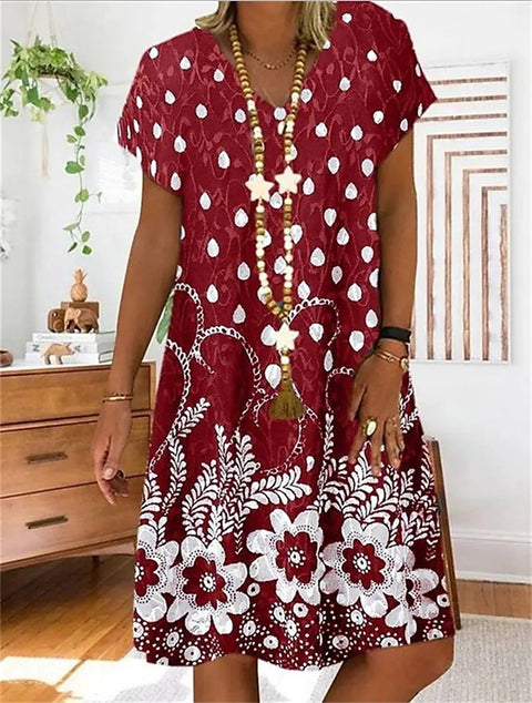 Robe imprimée à col en V pour femme, manches courtes, longueur moyenne et longue, m300932 
