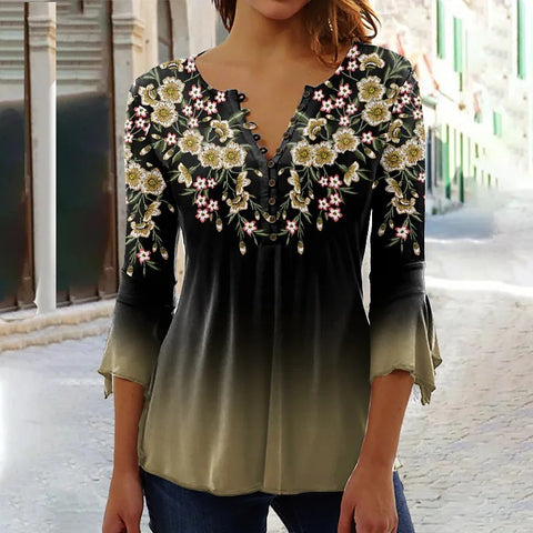 Modisches Ruili T-Shirt mit Blumendruck und V-Ausschnitt und Dreiviertelärmeln m300035