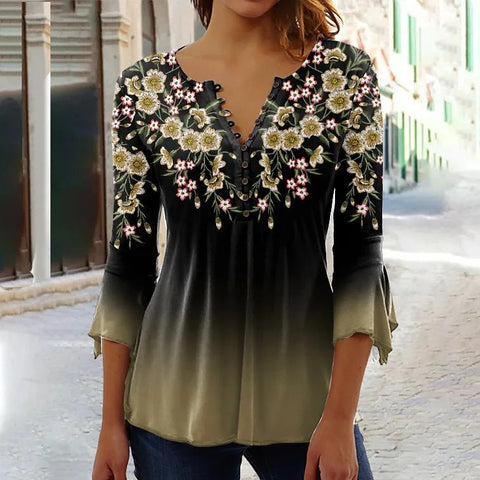 Modisches Ruili T-Shirt mit Blumendruck und V-Ausschnitt und Dreiviertelärmeln m300035