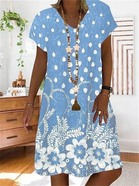 Robe imprimée à col en V pour femme, manches courtes, longueur moyenne et longue, m300932 