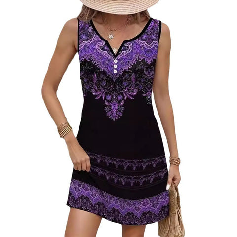 Robe sans manches à bretelles imprimée, décontractée, col en V, boutons, m300105 