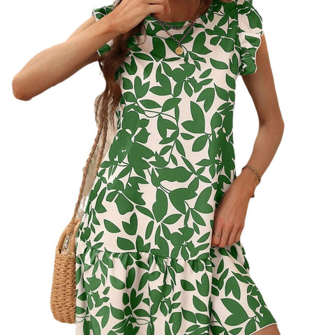 Robe à col ras du cou et manches volantées, imprimé feuilles de lotus, pour femme, M301018 