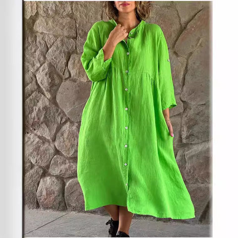 Cotton and linen solid color casual stand-up collar button long dress m301322