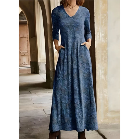 Robe en coton imprimé à manches longues et col en V avec poches m300706 