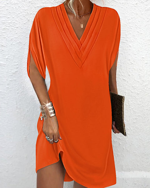 Women's spring and summer V-neck pleated bat sleeve dress m302016