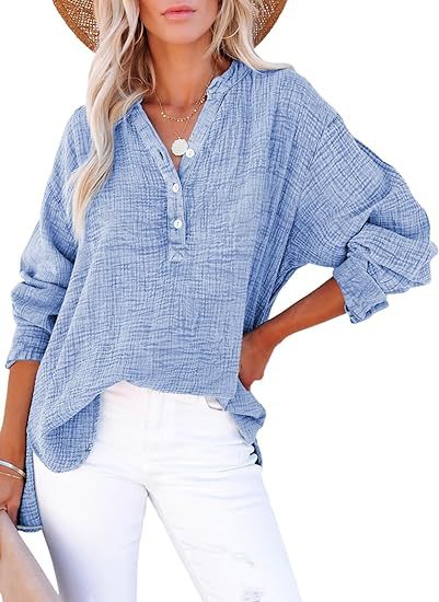 Pleated button long sleeve solid color top women's shirt loose cotton jumper m301576