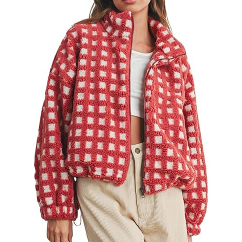 New women's anti-blow lamb wool plaid fashion casual loose coat m302134